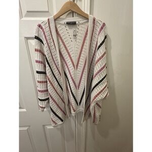 Lane Bryant 26/28 Open Knit  Cardigan Boho Chevron Striped Cream Pink Black NWT